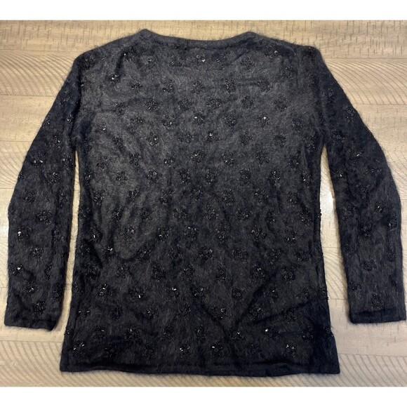 Angora Sweater Shirt Top Christmas Pullover Size Med Fuzzy Black Beaded Tesori - Picture 8 of 9